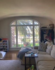 Clear view of a large living room window with roller shades fully open, highlighting stylish window architecture and inviting sunlight.